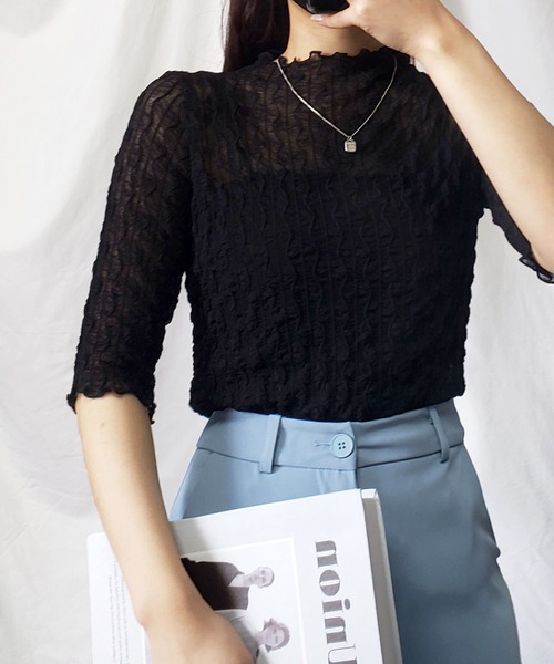 me+em select（ミームセレクト）の「プチハイネックシースルーニュアンスウェーブブラウス（Tシャツ/カットソー・レディース・ホワイト/アイボリー/ブラック・FREE）」の7枚目の写真