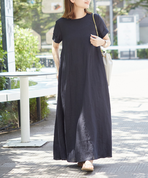 JOURNAL STANDARD（ジャーナルスタンダード）の「■■■《追加3》リネンハーフスリーブマキシフレアワンピース（ワンピース・レディース・ブラック/カーキ/ピンク/キャメル/ブラウン/ネイビー・36/38）」の2枚目の写真