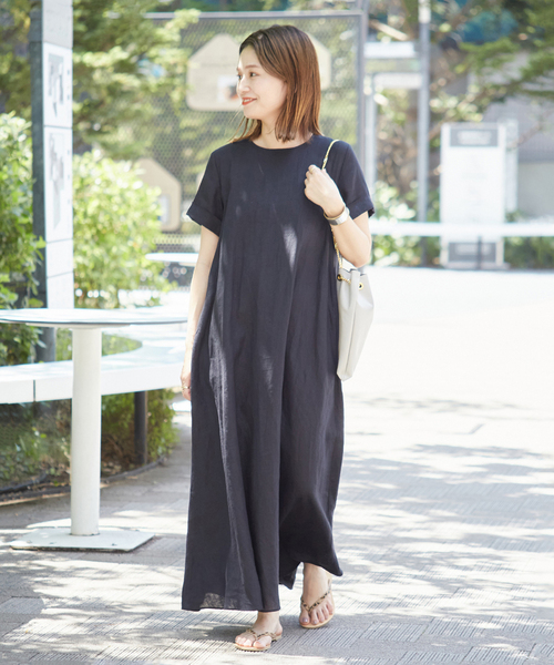 セール】□□□《追加3》リネンハーフスリーブマキシフレアワンピース