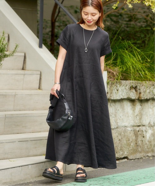 セール】□□□《追加3》リネンハーフスリーブマキシフレアワンピース