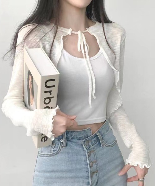 almo（アルモ）の「メロウショートカーディガン(BQ)（カーディガン/ボレロ・レディース・ホワイト/ブラック/ピンク/ブルー・MEDIUM）」の2枚目の写真