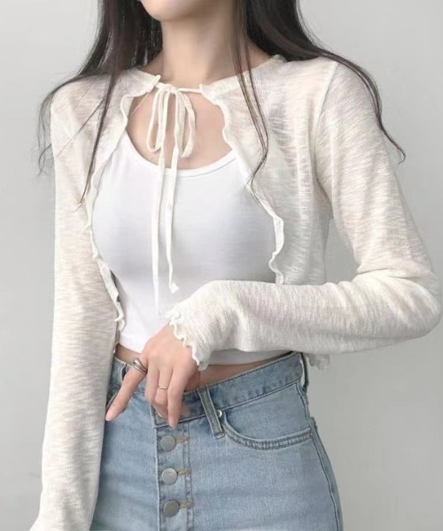 almo（アルモ）の「メロウショートカーディガン(BQ)（カーディガン/ボレロ・レディース・ホワイト/ブラック/ピンク/ブルー・MEDIUM）」の12枚目の写真