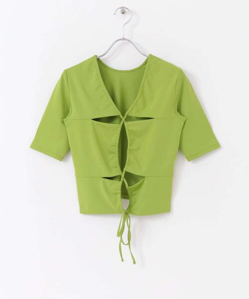 HEYUMM(ヘユム)の「2WAYカットアウトトップ(Tシャツ/カットソー・レディース・ブラック/グリーン・ONE)」の2枚目の写真