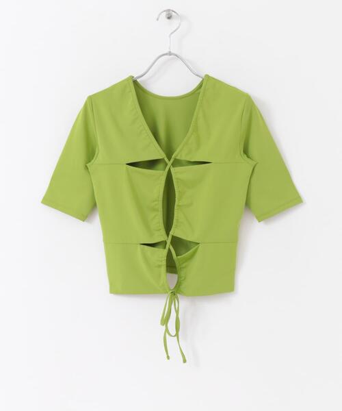 HEYUMM(ヘユム)の「2WAYカットアウトトップ(Tシャツ/カットソー・レディース・ブラック/グリーン・ONE)」の4枚目の写真