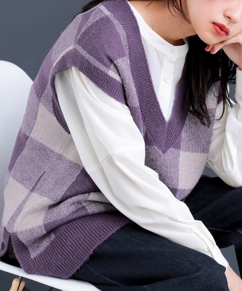 osharewalker（オシャレウォーカー）の「【廃盤】『ギンガムチェック柄ジャカードニットベスト』（ベスト・レディース・ブラック/パープル・1/2）」の18枚目の写真
