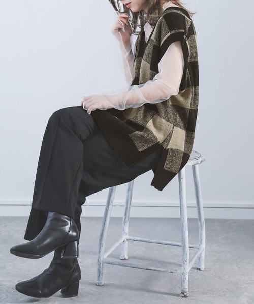 osharewalker（オシャレウォーカー）の「【廃盤】『ギンガムチェック柄ジャカードニットベスト』（ベスト・レディース・ブラック/パープル・1/2）」の8枚目の写真