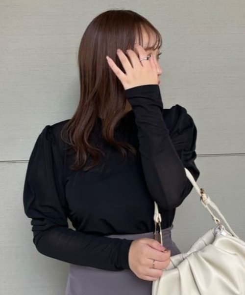 rienda（リエンダ）の「ラウンドスリーブシアートップス 春服（Tシャツ/カットソー・レディース・ライトベージュ/ブラック/ライトブルー/ピンク・FREE）」の2枚目の写真