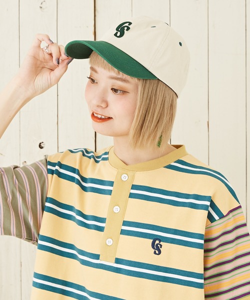 CUBE SUGAR(キューブシュガー)の「コットンツイルロゴベースボールキャップ(キャップ・レディース・ブラウン/ホワイト×ネイビー/ネイビー/ホワイト×グリーン・M)」の1枚目の写真