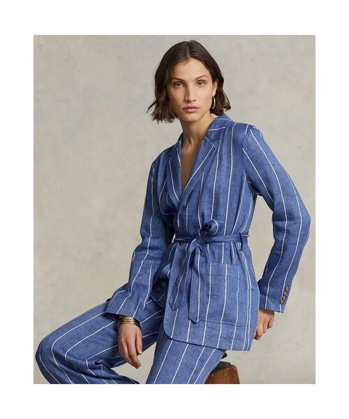 ラルフローレン♡ストライプド ベルテッド リネンコットン ブレザー　マシロ ラルフローレン♡ストライプド ベルテッド リネンコットン ブレザー