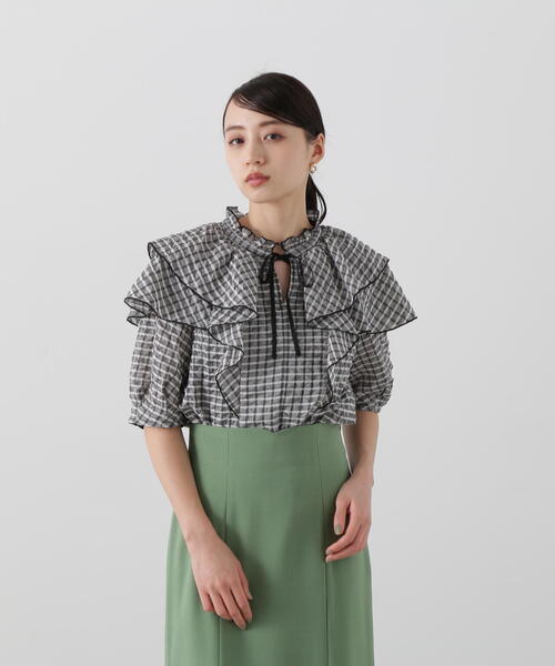 美品☆JILL STUART♡チェック柄長袖シャツ胸元リボンウール混S