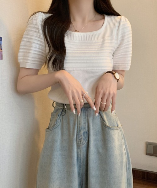 MAISON DE THERESE(メゾン ド テレーズ)の「ニット半袖Tシャツ(ニット/セーター・レディース・ホワイト/ブラック/アイボリー/モカ・M)」の3枚目の写真
