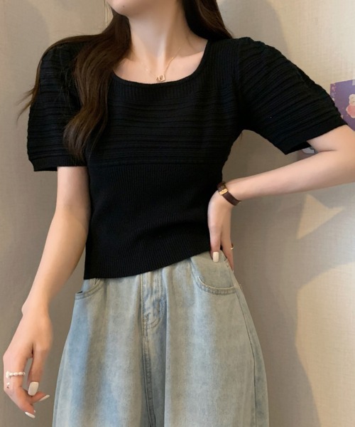 MAISON DE THERESE(メゾン ド テレーズ)の「ニット半袖Tシャツ(ニット/セーター・レディース・ホワイト/ブラック/アイボリー/モカ・M)」の1枚目の写真