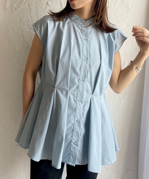 She's Closet(シーズクローゼット)の「スタンドカラーウエストタックフレンチスリーブフレアペプラムブラウス(シャツ/ブラウス・レディース・ホワイト/ブラック/ブルー・FREE)」の3枚目の写真