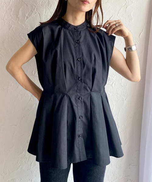 She's Closet(シーズクローゼット)の「スタンドカラーウエストタックフレンチスリーブフレアペプラムブラウス(シャツ/ブラウス・レディース・ホワイト/ブラック/ブルー・FREE)」の2枚目の写真