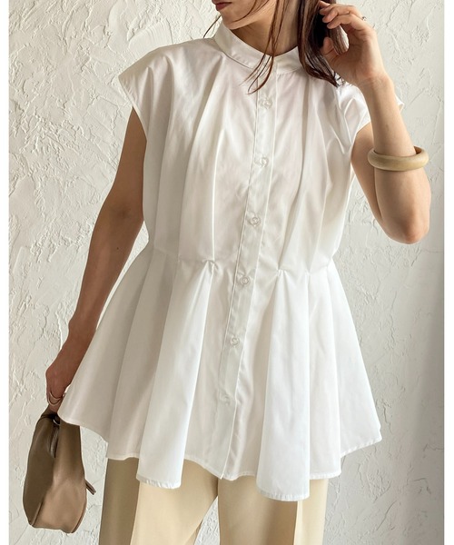 She's Closet(シーズクローゼット)の「スタンドカラーウエストタックフレンチスリーブフレアペプラムブラウス(シャツ/ブラウス・レディース・ホワイト/ブラック/ブルー・FREE)」の9枚目の写真