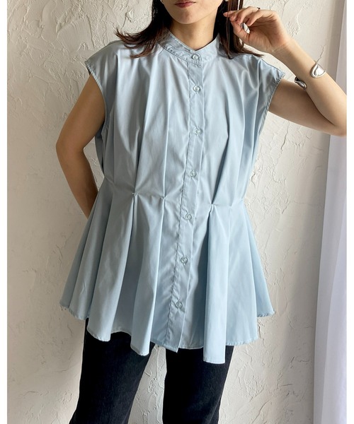 She's Closet(シーズクローゼット)の「スタンドカラーウエストタックフレンチスリーブフレアペプラムブラウス(シャツ/ブラウス・レディース・ホワイト/ブラック/ブルー・FREE)」の5枚目の写真