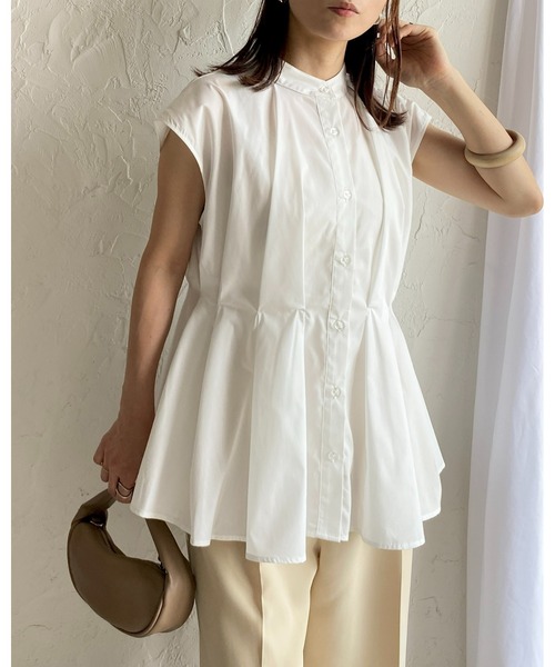 She's Closet(シーズクローゼット)の「スタンドカラーウエストタックフレンチスリーブフレアペプラムブラウス(シャツ/ブラウス・レディース・ホワイト/ブラック/ブルー・FREE)」の7枚目の写真