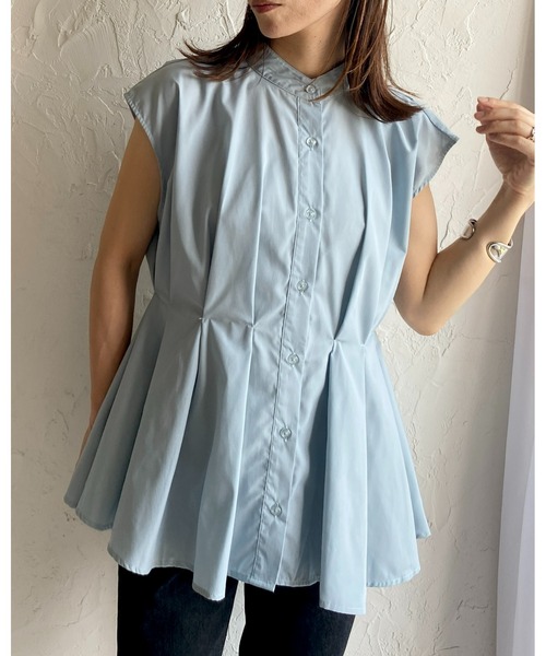 She's Closet(シーズクローゼット)の「スタンドカラーウエストタックフレンチスリーブフレアペプラムブラウス(シャツ/ブラウス・レディース・ホワイト/ブラック/ブルー・FREE)」の8枚目の写真