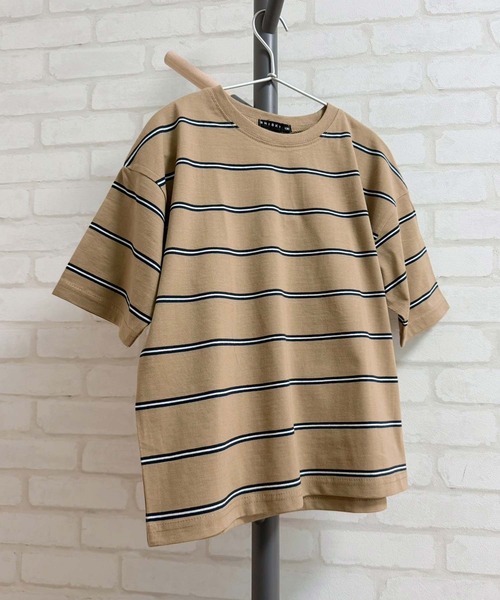 ZI-ON(ジーオン)の「ビッグシルエットボーダー半袖Tシャツ(Tシャツ/カットソー・キッズ・ベージュ/ダークグリーン/ネイビー/オフホワイト/ブルー/ホワイト×グリーン/ホワイト×ブラック/杢グレー/グレー系その他/ホワイト×ネイビー/チャコール/ネイビー×ホワイト・150cm/140cm/130cm/160cm/120cm/110cm)」の1枚目の写真