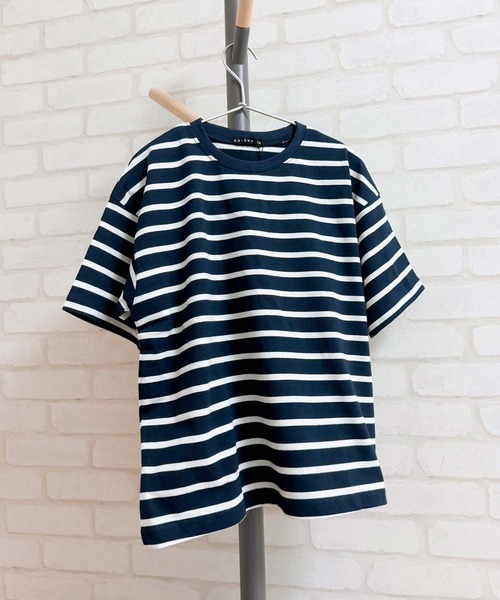 ZI-ON(ジーオン)の「ビッグシルエットボーダー半袖Tシャツ(Tシャツ/カットソー・キッズ・ベージュ/ダークグリーン/ネイビー/オフホワイト/ブルー/ホワイト×グリーン/ホワイト×ブラック/杢グレー/グレー系その他/ホワイト×ネイビー/チャコール/ネイビー×ホワイト・150cm/140cm/130cm/160cm/120cm/110cm)」の12枚目の写真