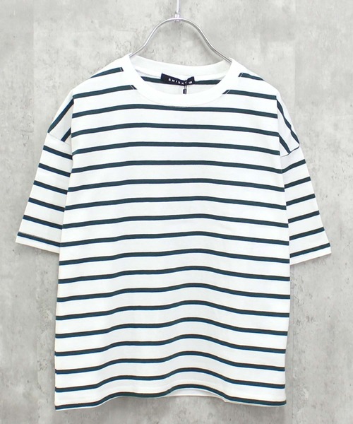 ZI-ON(ジーオン)の「ビッグシルエットボーダー半袖Tシャツ(Tシャツ/カットソー・キッズ・ベージュ/ダークグリーン/ネイビー/オフホワイト/ブルー/ホワイト×グリーン/ホワイト×ブラック/杢グレー/グレー系その他/ホワイト×ネイビー/チャコール/ネイビー×ホワイト・150cm/140cm/130cm/160cm/120cm/110cm)」の14枚目の写真