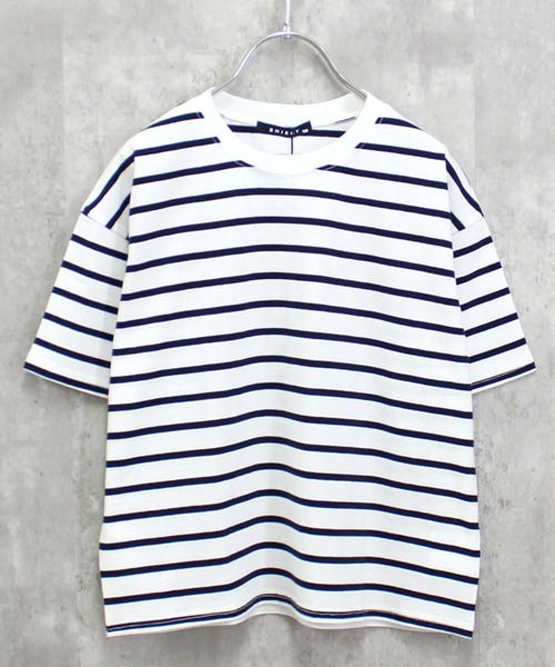 ZI-ON(ジーオン)の「ビッグシルエットボーダー半袖Tシャツ(Tシャツ/カットソー・キッズ・ベージュ/ダークグリーン/ネイビー/オフホワイト/ブルー/ホワイト×グリーン/ホワイト×ブラック/杢グレー/グレー系その他/ホワイト×ネイビー/チャコール/ネイビー×ホワイト・150cm/140cm/130cm/160cm/120cm/110cm)」の15枚目の写真