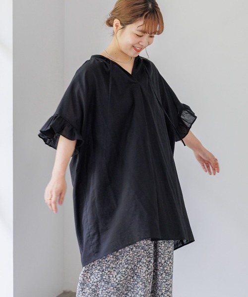 studio CLIP（スタディオクリップ）の「【低身長スタッフ企画/WEB限定】コットンリネン袖フリルチュニック（チュニック・レディース・ホワイト/ブラック/ブルー・FREE）」の3枚目の写真