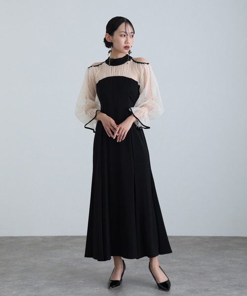 セール】袖あり&ロング パーティードレス チュールお呼ばれ結婚式