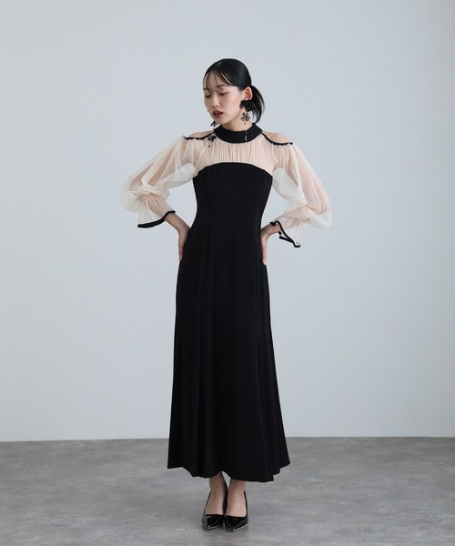 袖あり&ロング パーティードレス チュールお呼ばれ結婚式フォーマル