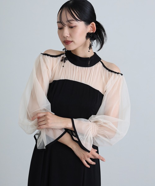 袖あり&ロング パーティードレス チュールお呼ばれ結婚式フォーマル