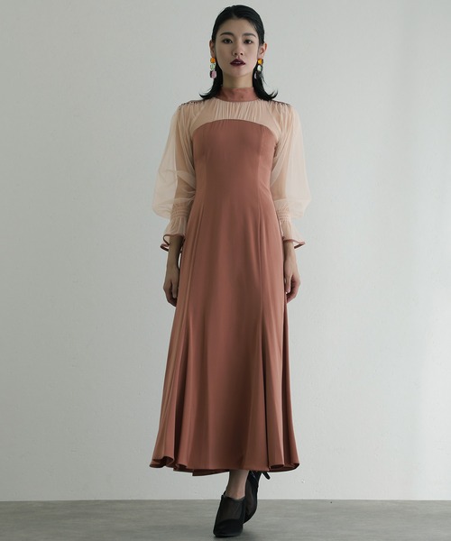 袖あり&ロング パーティードレス チュールお呼ばれ結婚式フォーマル