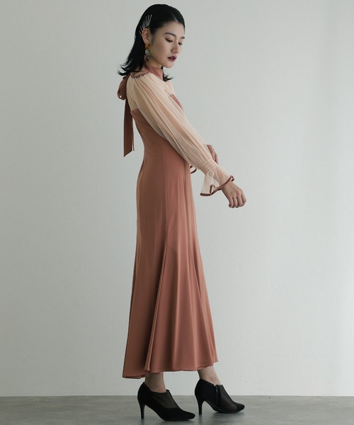 袖あり&ロング パーティードレス チュールお呼ばれ結婚式フォーマル