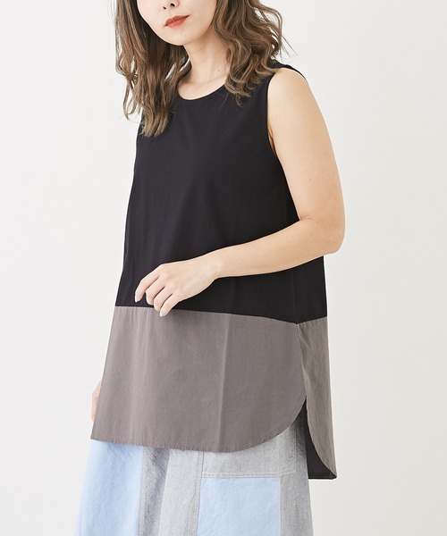 CUBE SUGAR(キューブシュガー)の「無地SZ天竺カットソー裾切替タンクトップ(タンクトップ・レディース・ブラック/トップグレー/ホワイト/ホワイト系その他/ホワイト×ブルー・M)」の4枚目の写真