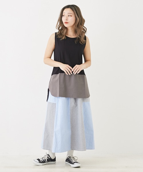 CUBE SUGAR(キューブシュガー)の「無地SZ天竺カットソー裾切替タンクトップ(タンクトップ・レディース・ブラック/トップグレー/ホワイト/ホワイト系その他/ホワイト×ブルー・M)」の17枚目の写真