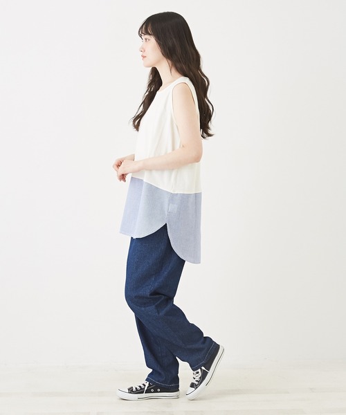 CUBE SUGAR(キューブシュガー)の「無地SZ天竺カットソー裾切替タンクトップ(タンクトップ・レディース・ブラック/トップグレー/ホワイト/ホワイト系その他/ホワイト×ブルー・M)」の13枚目の写真