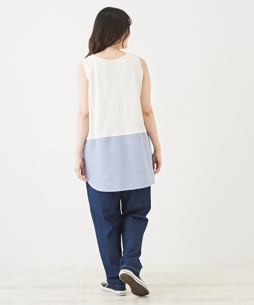 CUBE SUGAR(キューブシュガー)の「無地SZ天竺カットソー裾切替タンクトップ(タンクトップ・レディース・ブラック/トップグレー/ホワイト/ホワイト系その他/ホワイト×ブルー・M)」の14枚目の写真