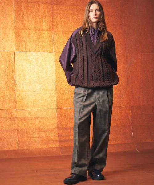 UNISEX》Cable Knit Combination Prime-Over Woven Shirt Half-Zip