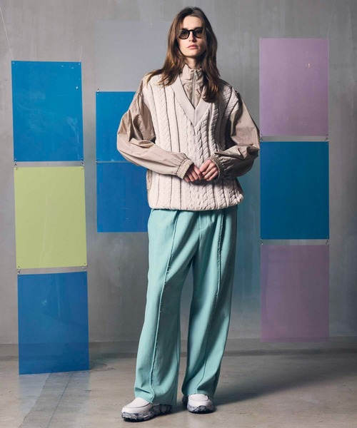 UNISEX》Cable Knit Combination Prime-Over Woven Shirt Half-Zip