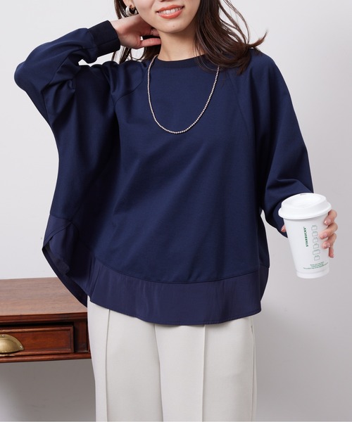 Chez toi(シェトワ)の「裾布帛ポンチラグランプルオーバー(Tシャツ/カットソー・レディース・オフホワイト/グレー/ネイビー・FREE)」の3枚目の写真