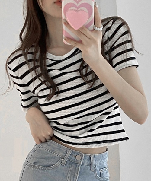 Miniministore(ミニミニストア)の「リブ編みニットレディースボーダーTシャツ(Tシャツ/カットソー・レディース・グリーン/ピンク/ホワイト/ブラック・FREE)」の2枚目の写真