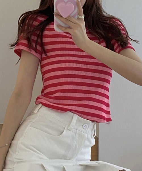 Miniministore(ミニミニストア)の「リブ編みニットレディースボーダーTシャツ(Tシャツ/カットソー・レディース・グリーン/ピンク/ホワイト/ブラック・FREE)」の4枚目の写真