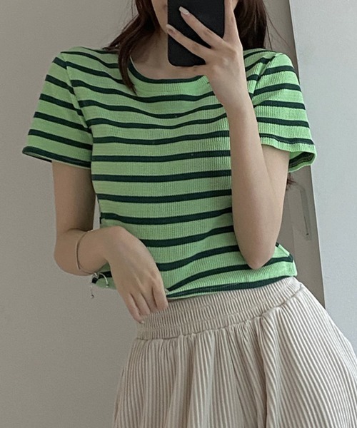 Miniministore(ミニミニストア)の「リブ編みニットレディースボーダーTシャツ(Tシャツ/カットソー・レディース・グリーン/ピンク/ホワイト/ブラック・FREE)」の1枚目の写真