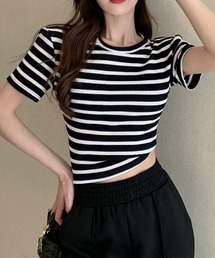 リブ編みニットレディースボーダーTシャツ