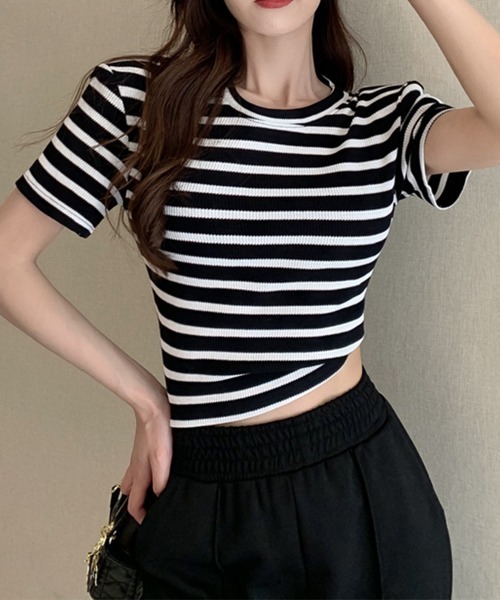 Miniministore(ミニミニストア)の「リブ編みニットレディースボーダーTシャツ(Tシャツ/カットソー・レディース・グリーン/ピンク/ホワイト/ブラック・FREE)」の3枚目の写真
