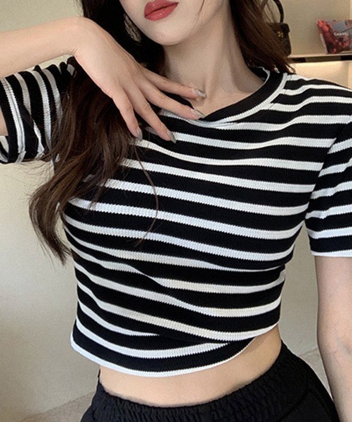 Miniministore(ミニミニストア)の「リブ編みニットレディースボーダーTシャツ(Tシャツ/カットソー・レディース・グリーン/ピンク/ホワイト/ブラック・FREE)」の16枚目の写真