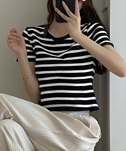 Miniministore(ミニミニストア)の「リブ編みニットレディースボーダーTシャツ(Tシャツ/カットソー・レディース・グリーン/ピンク/ホワイト/ブラック・FREE)」の17枚目の写真