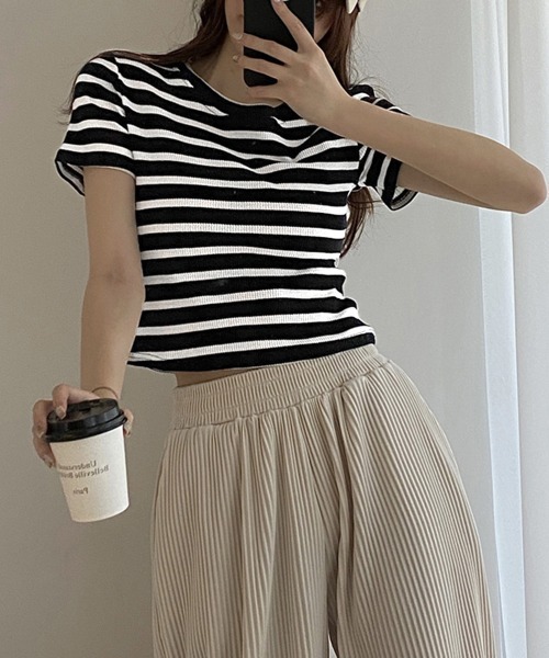 Miniministore(ミニミニストア)の「リブ編みニットレディースボーダーTシャツ(Tシャツ/カットソー・レディース・グリーン/ピンク/ホワイト/ブラック・FREE)」の18枚目の写真