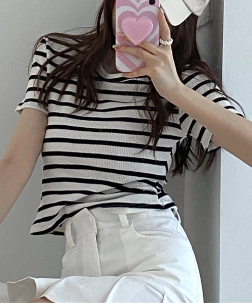 Miniministore(ミニミニストア)の「リブ編みニットレディースボーダーTシャツ(Tシャツ/カットソー・レディース・グリーン/ピンク/ホワイト/ブラック・FREE)」の19枚目の写真