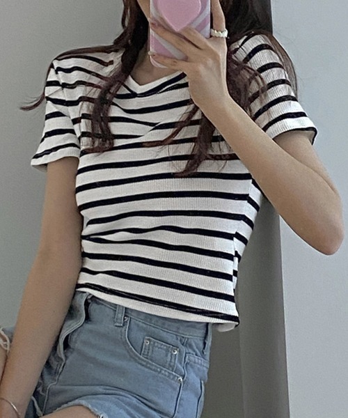 Miniministore(ミニミニストア)の「リブ編みニットレディースボーダーTシャツ(Tシャツ/カットソー・レディース・グリーン/ピンク/ホワイト/ブラック・FREE)」の5枚目の写真