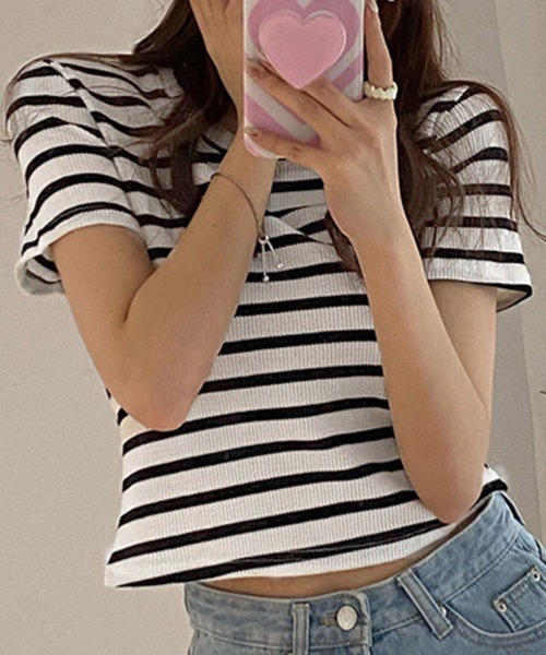 Miniministore(ミニミニストア)の「リブ編みニットレディースボーダーTシャツ(Tシャツ/カットソー・レディース・グリーン/ピンク/ホワイト/ブラック・FREE)」の6枚目の写真